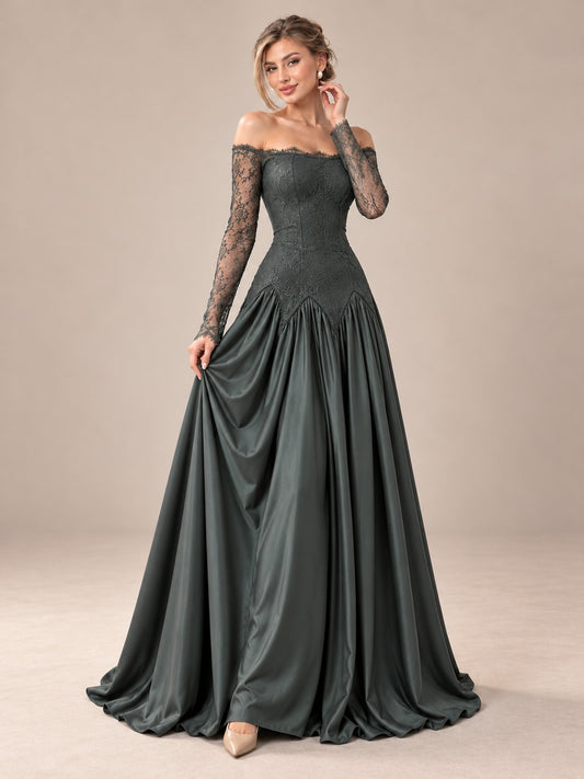 Green Off-Shoulder Lace Satin Gown for Wedding & Formal