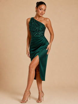 KoKodress Green One-Shoulder Sequin Slit Midi Dress for Wedding Guest