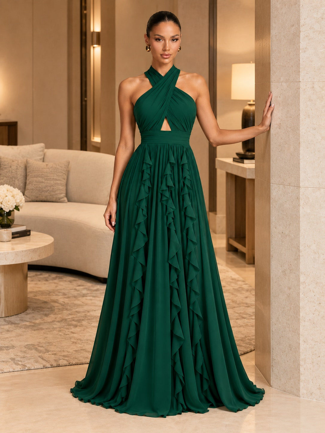 Green Halter Ruffle Maxi Dress for Wedding & Formal