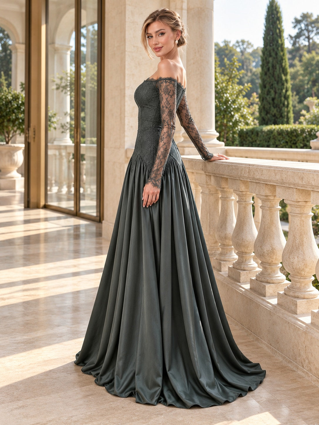 Green Off-Shoulder Lace Satin Gown for Wedding & Formal