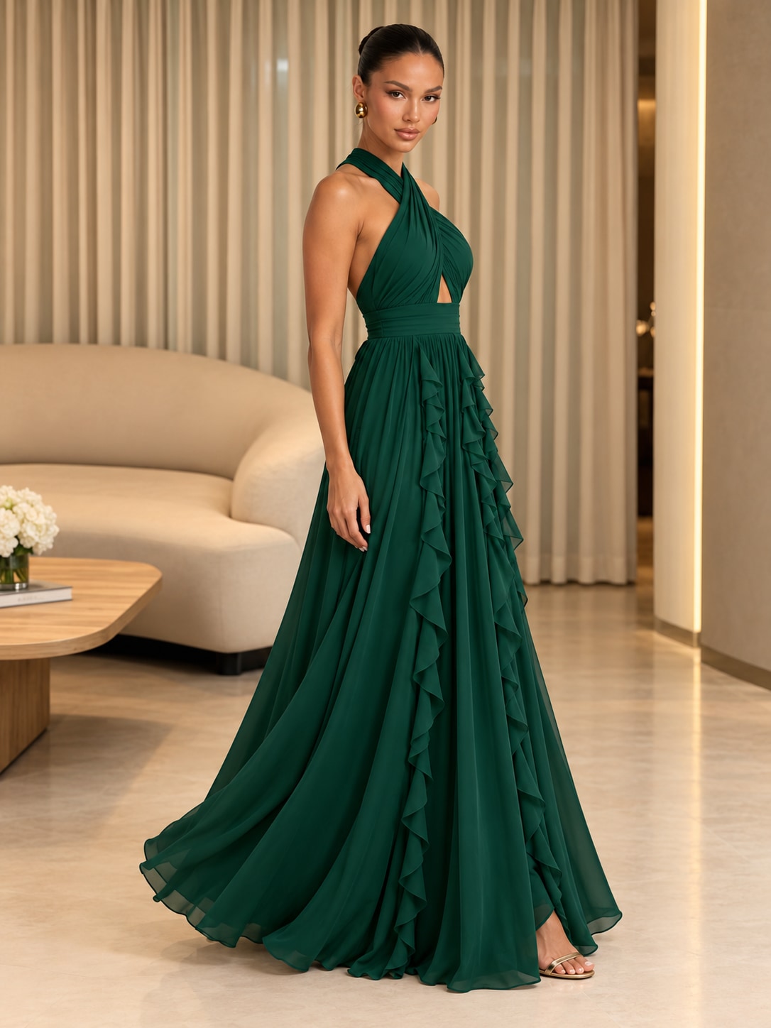 Green Halter Ruffle Maxi Dress for Wedding & Formal