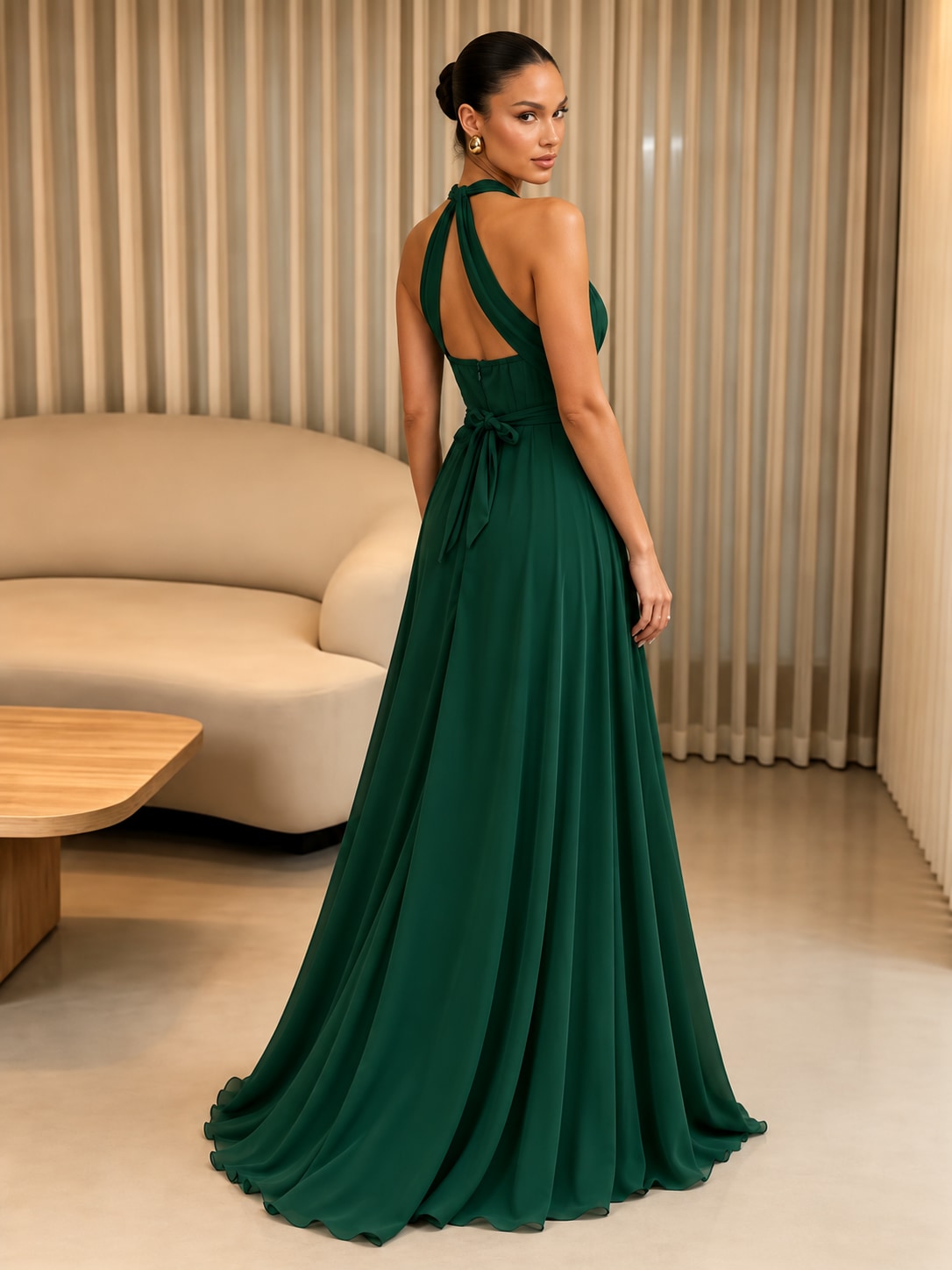 Green Halter Ruffle Maxi Dress for Wedding & Formal