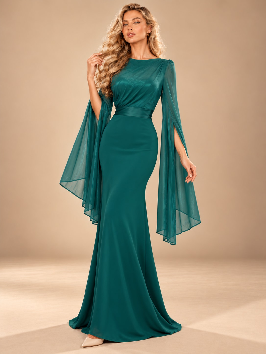 Green Satin Cape Sleeve Maxi Dress for Weddings & Gala