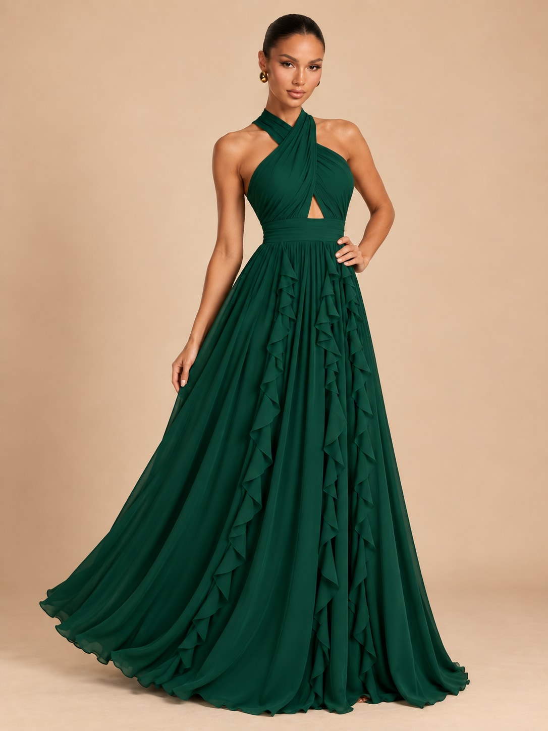 Green Halter Ruffle Maxi Dress for Wedding & Formal