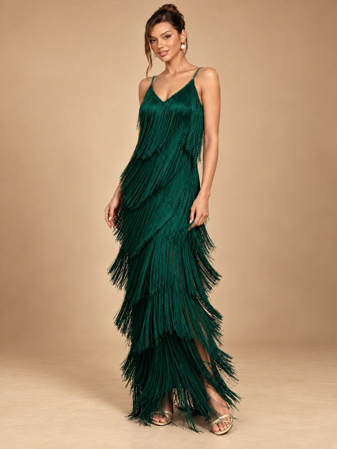 Green Fringe Maxi Dress for Party & Evening