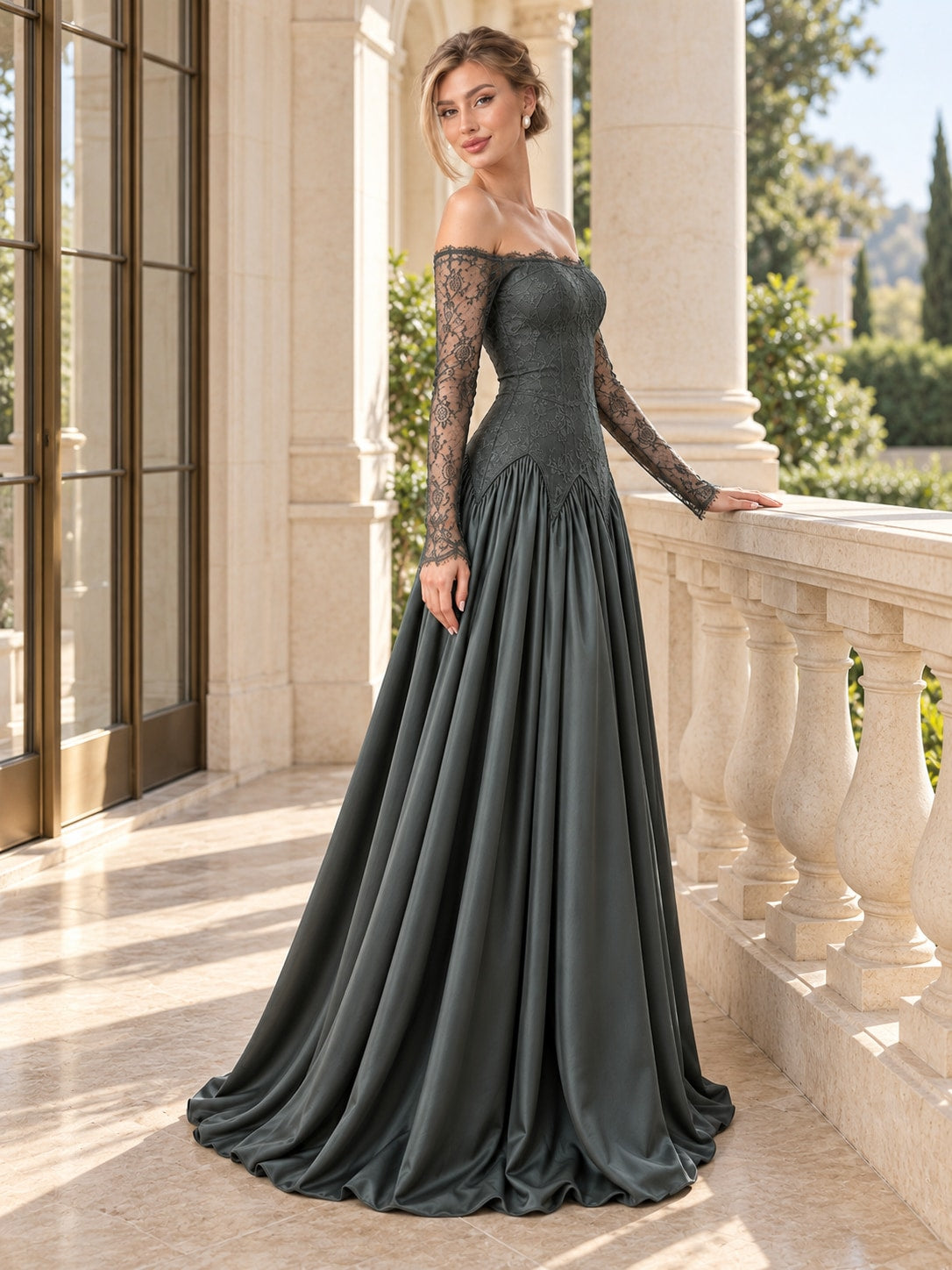 Green Off-Shoulder Lace Satin Gown for Wedding & Formal