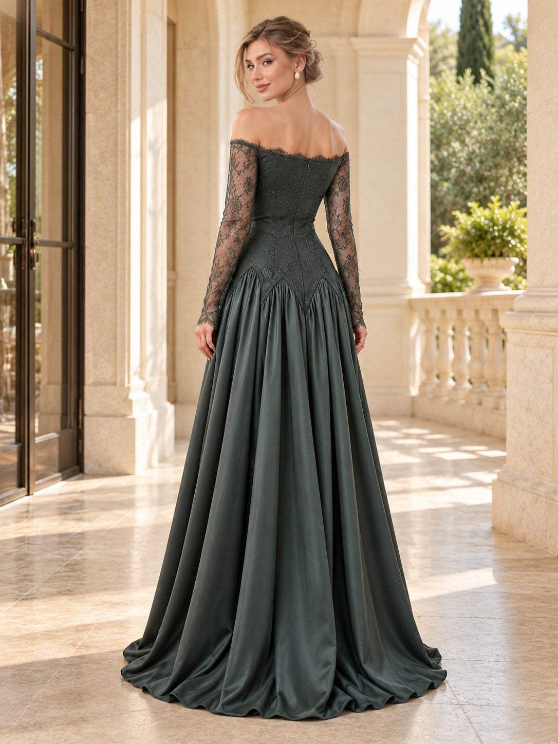 Green Off-Shoulder Lace Satin Gown for Wedding & Formal