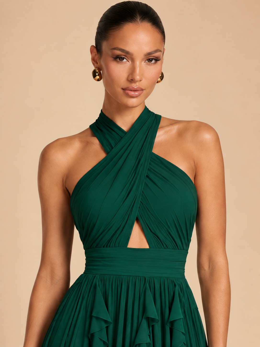 Green Halter Ruffle Maxi Dress for Wedding & Formal