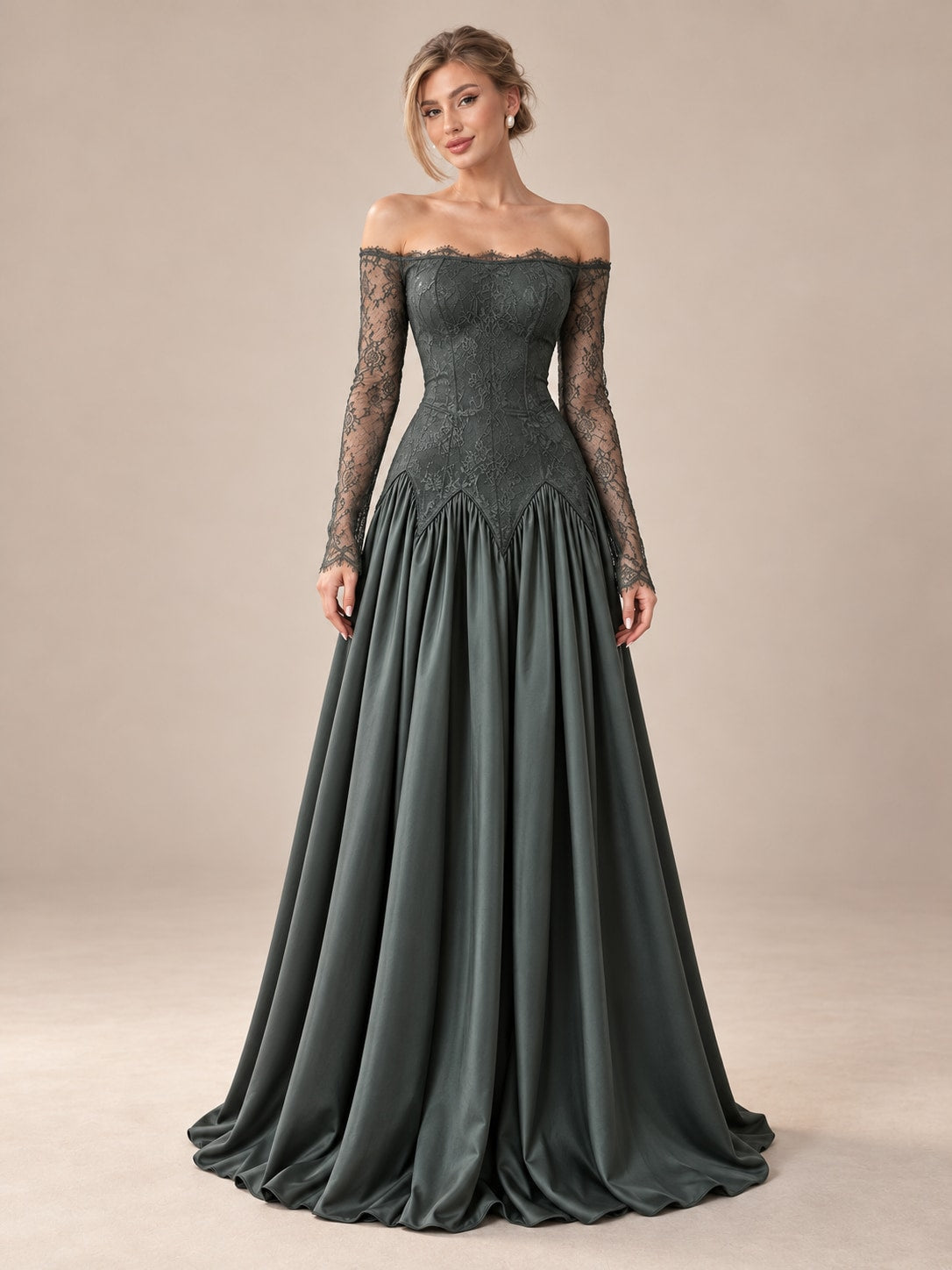 Green Off-Shoulder Lace Satin Gown for Wedding & Formal