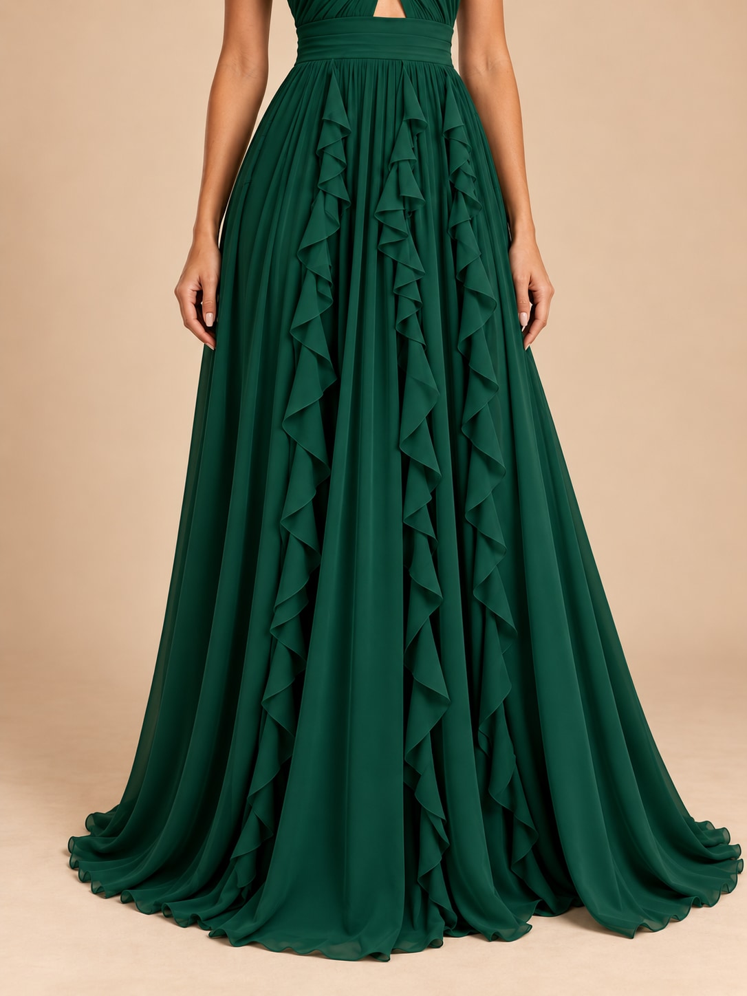 Green Halter Ruffle Maxi Dress for Wedding & Formal