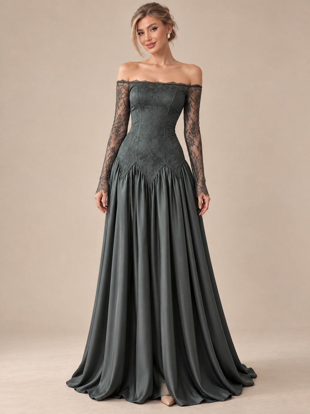 Green Off-Shoulder Lace Satin Gown for Wedding & Formal