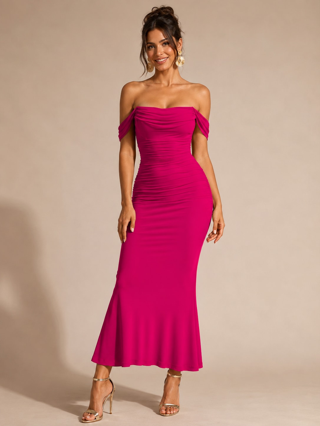 Hot Pink Teal Ruched Mermaid Maxi Dress for Wedding Guest