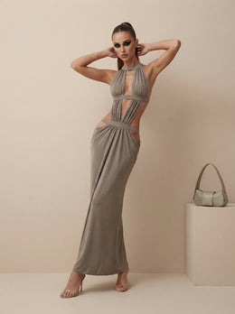 KoKodress Taupe Halter Deep V-Neck Cutout Draped Maxi Dress for Party
