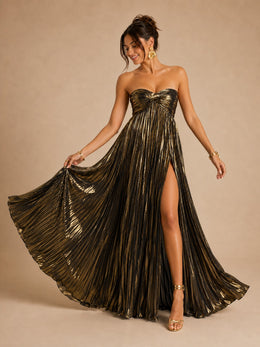 KoKodress Metallic Strapless Pleated Maxi Dress for Gala
