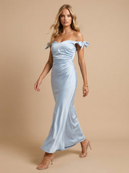 KoKodress Off-Shoulder Bow Detail Ruched Maxi Dress for Wedding Guest