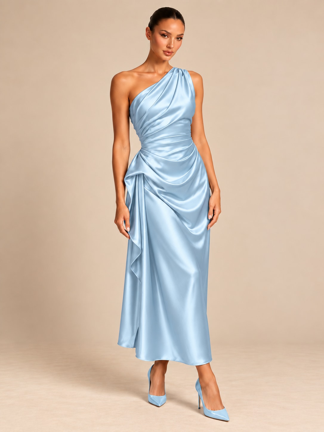 Light Blue One-Shoulder Draped Satin Midi Dress for Weddings