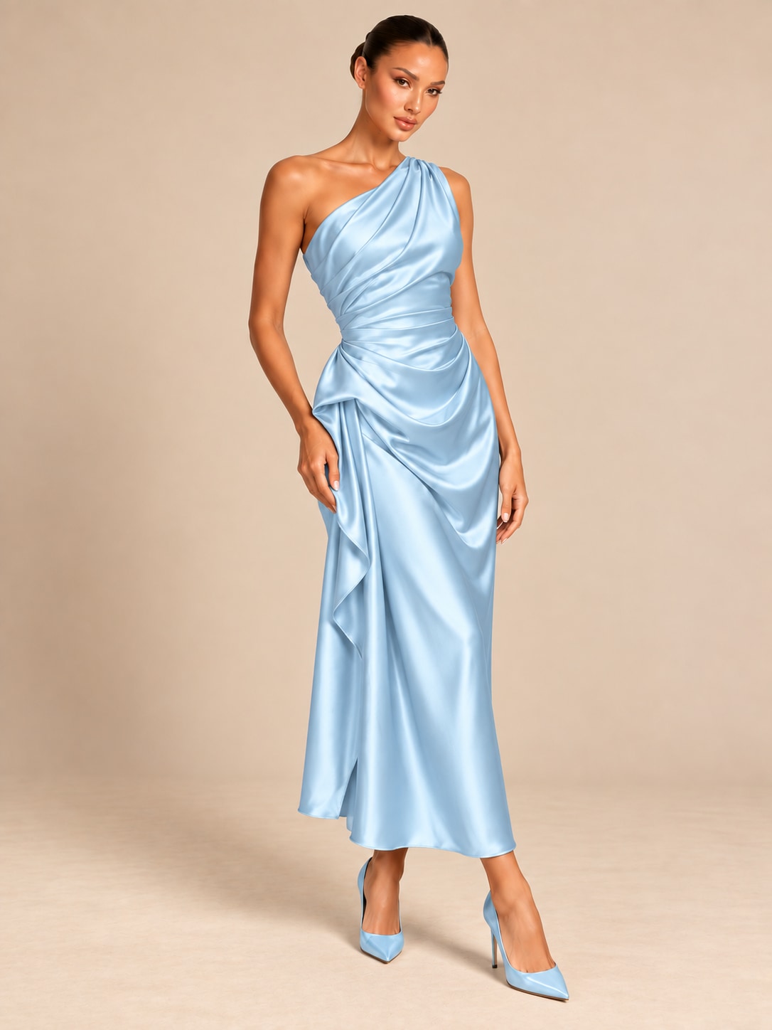 Light Blue One-Shoulder Draped Satin Midi Dress for Weddings
