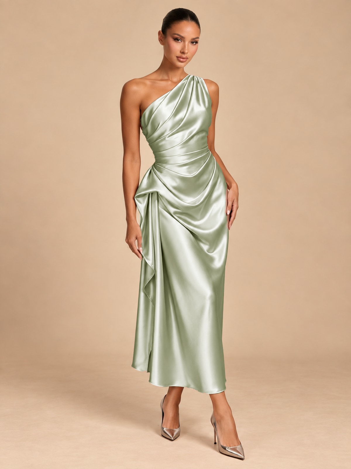 Light Green One-Shoulder Draped Satin Midi Dress for Weddings