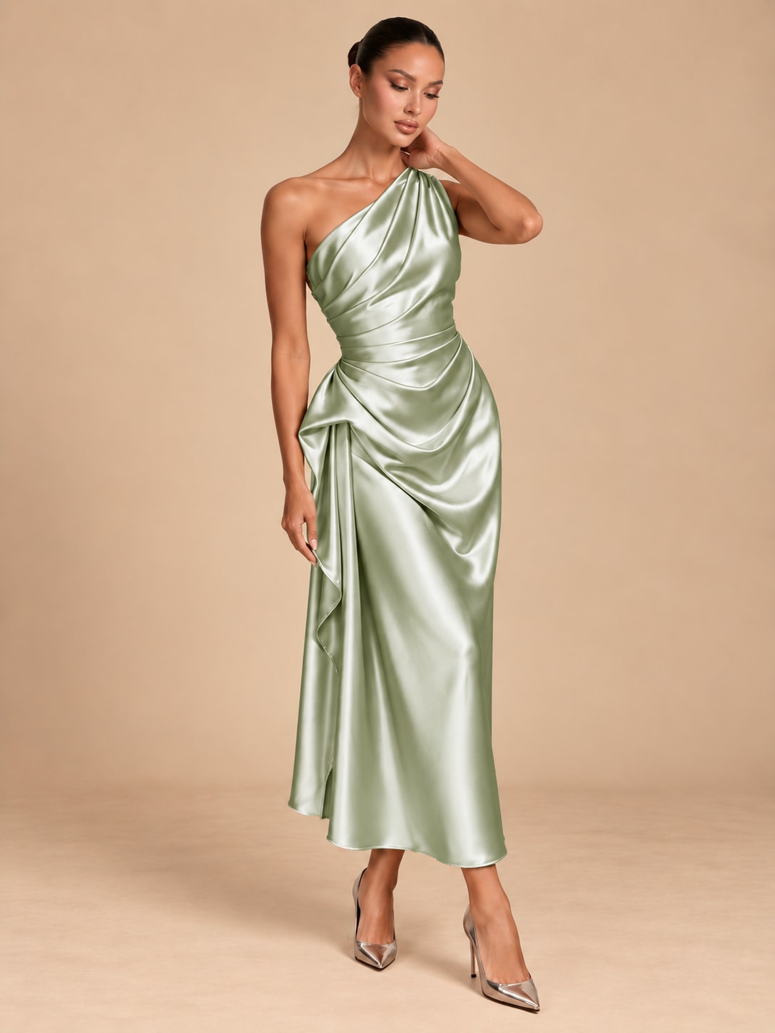 Light Green One-Shoulder Draped Satin Midi Dress for Weddings