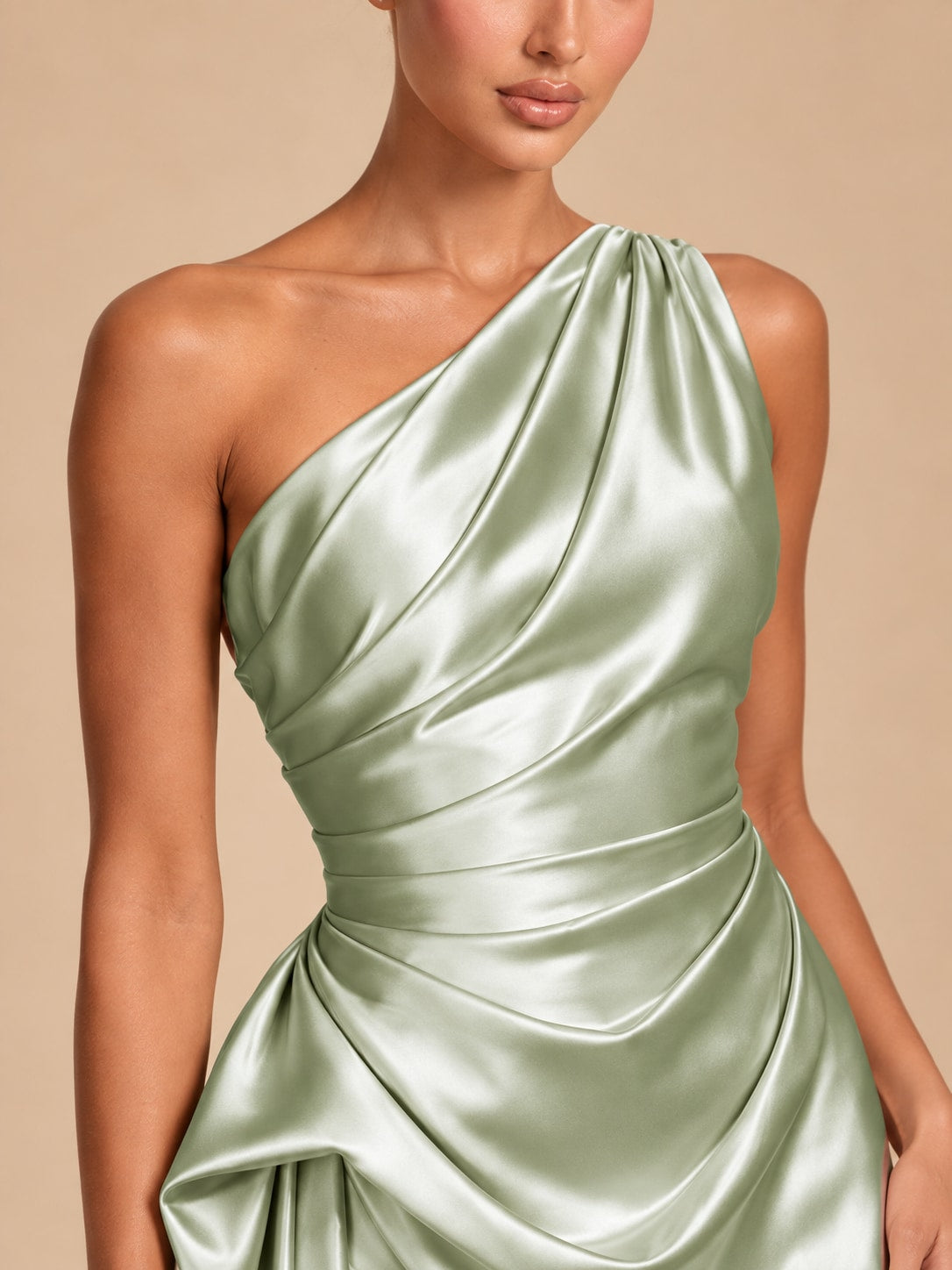 Light Green One-Shoulder Draped Satin Midi Dress for Weddings