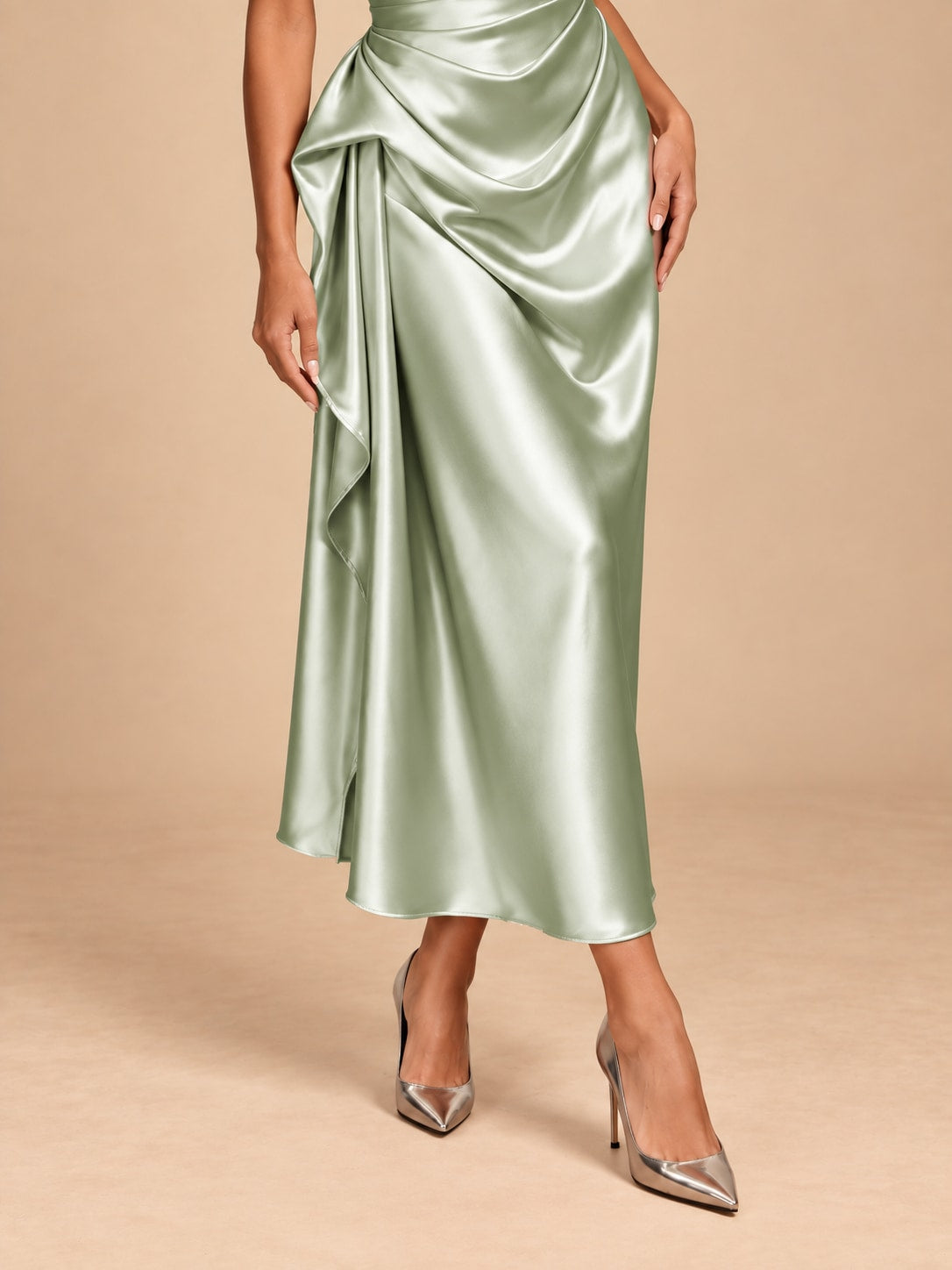 Light Green One-Shoulder Draped Satin Midi Dress for Weddings