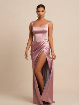 KoKodress Satin Square Neck Ruched Slit Maxi Dress for Formal Events