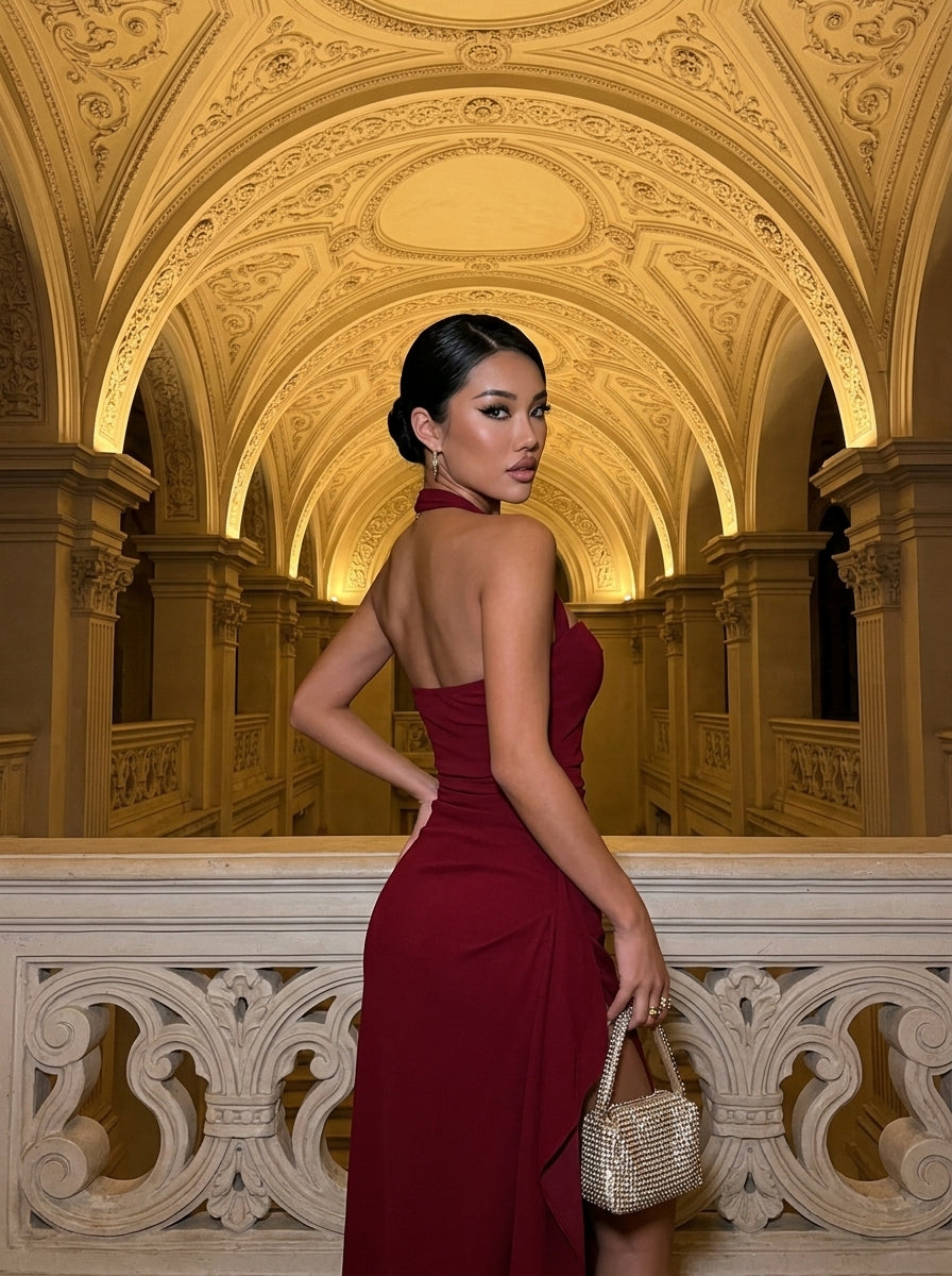 Kokodress Halter Sweetheart Ruched Maxi Dress with Slit for Prom