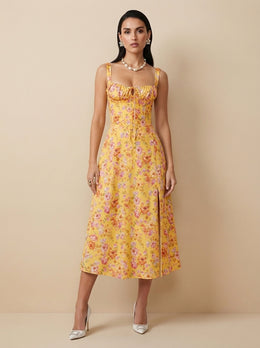 KoKodress Floral Corset Tie-Front Midi Dress with Slit for Wedding Guest