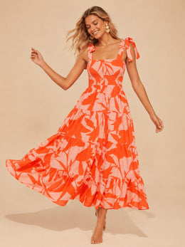 KoKodress Abstract Smocked Tiered Midi Dress for Wedding Guest