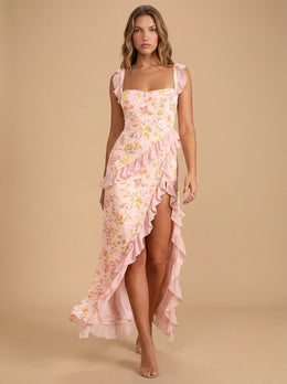 KoKodress Ruffle Strap High Slit Maxi Dress for Weddings