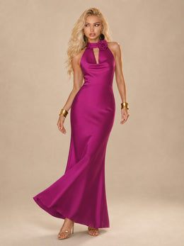KoKodress Satin Halter Neck Maxi Dress with 3D Flower for Party
