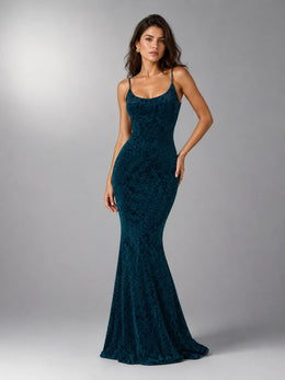 KoKodress Deep Teal Floral Jacquard Evening Mermaid Maxi Gown