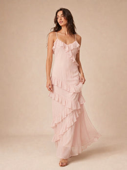 KoKodress V-Neck Cascading Ruffle Maxi Dress for Wedding Guest