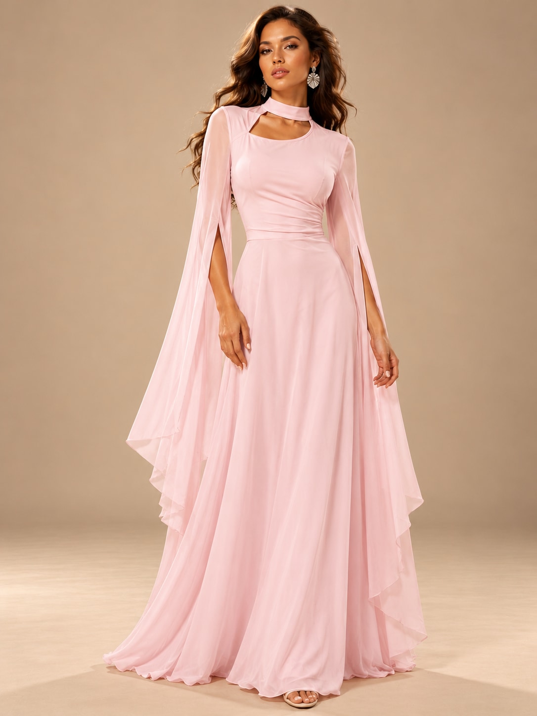 Pink Cape Sleeve Cutout Maxi Dress for Formal Parties