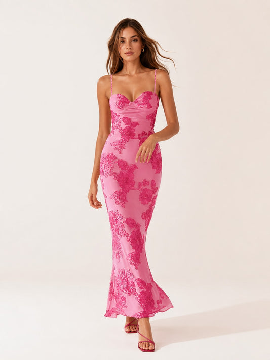 Pink Strapless Sweetheart Floral Maxi Dress for Wedding Guest