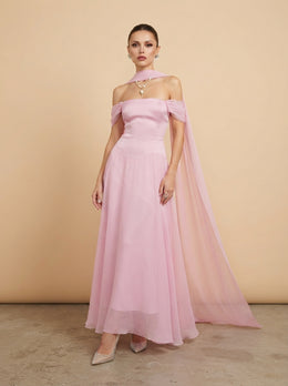 KoKodress Strapless Chiffon Maxi Dress with Cape for Wedding Guest