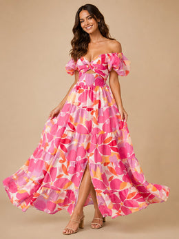 KoKodress Floral Puff Sleeve Twist Front Maxi Dress for Vacation