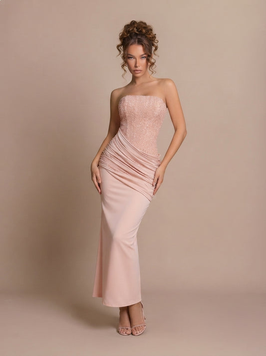 Pink Strapless Beaded Ruched Maxi Dress for Wedding Guest