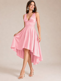 KoKodress Pink Satin V-Neck Lace Trim High-Low Dress for Wedding Guest