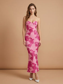 KoKodress Strapless Sweetheart Floral Maxi Dress for Wedding Guest