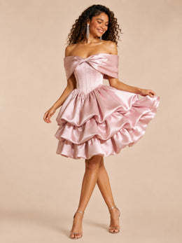 KoKodress Satin Off-Shoulder Corset Ruffle Mini Dress for Weddings