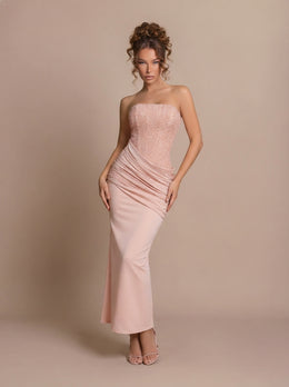 KoKodress Strapless Beaded Ruched Maxi Dress for Wedding Guest