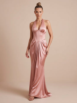 KoKodress Blush Satin Halter Corset Pleated Maxi Dress for Formal Events