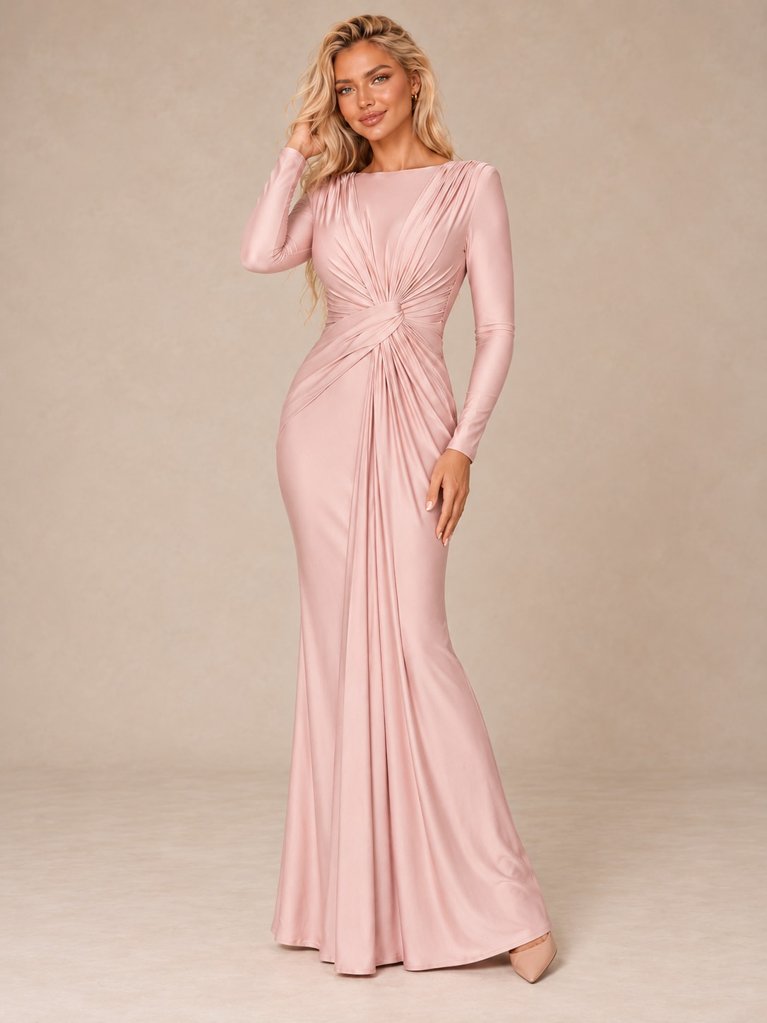 Pink Long Sleeve Ruched Maxi Dress for Formal