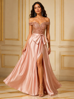 KoKodress Rose Gold Off-Shoulder Sequin Slit Gown for Gala