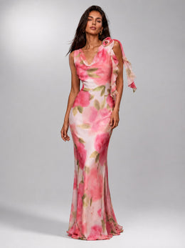 KoKodress Pink Floral Draped Shoulder Evening Maxi Dress