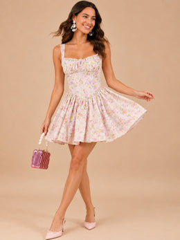 KoKodress Pastel Floral Square Neck Corset Mini Dress for Wedding Guest