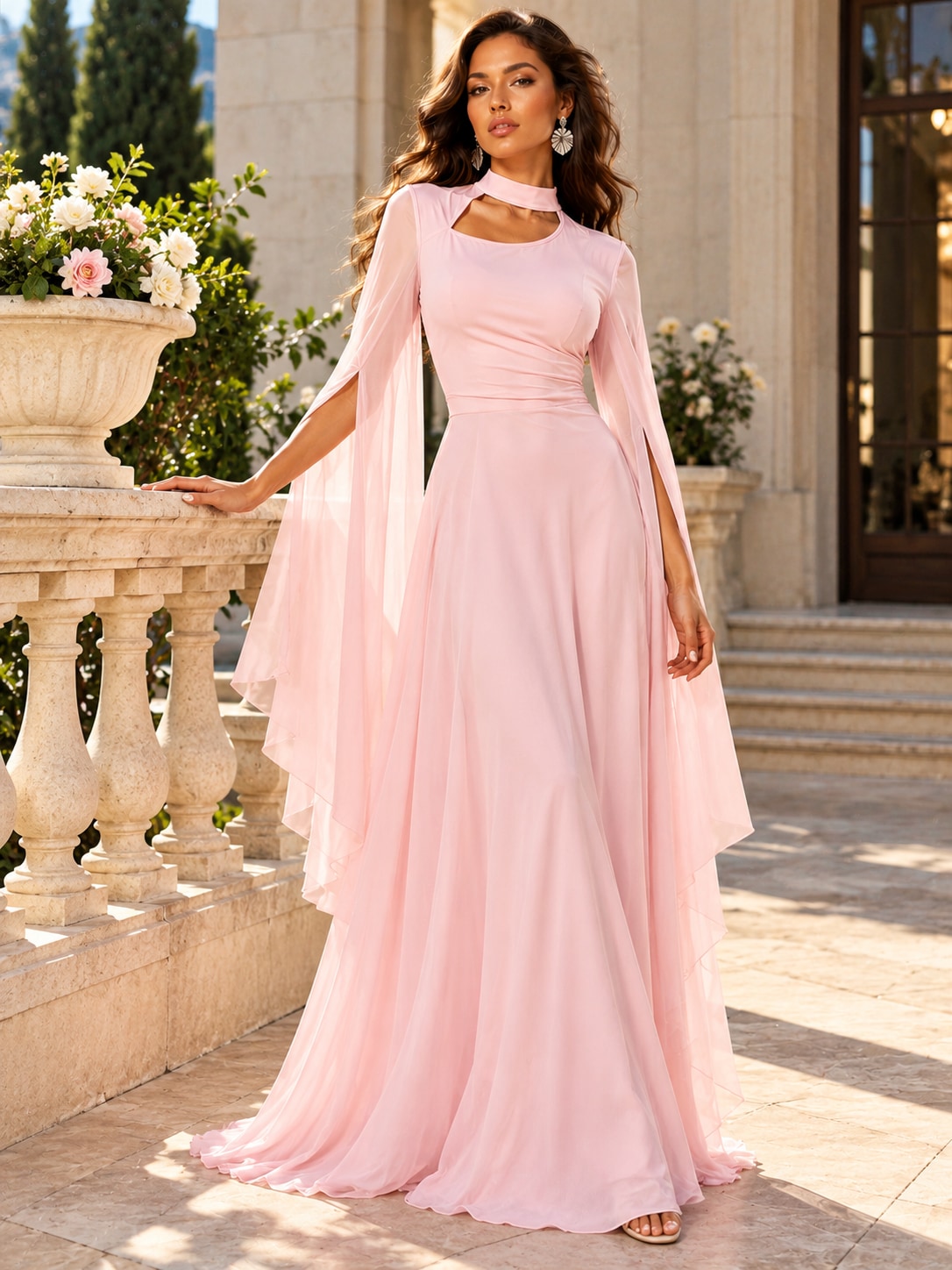 Pink Cape Sleeve Cutout Maxi Dress for Formal Parties