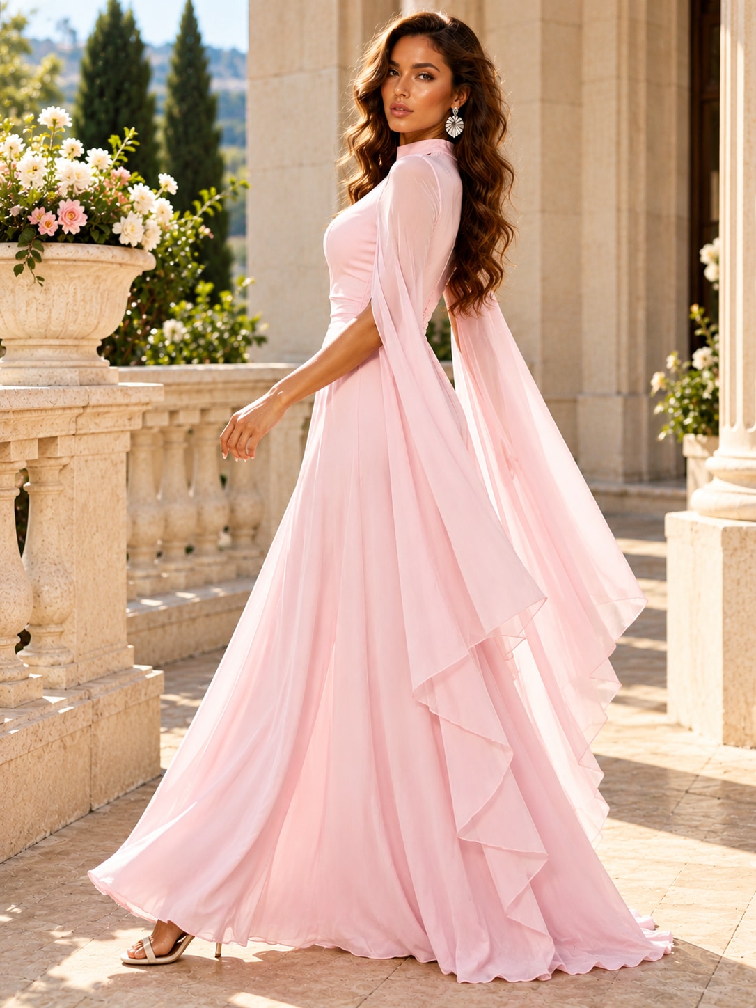 Pink Cape Sleeve Cutout Maxi Dress for Formal Parties