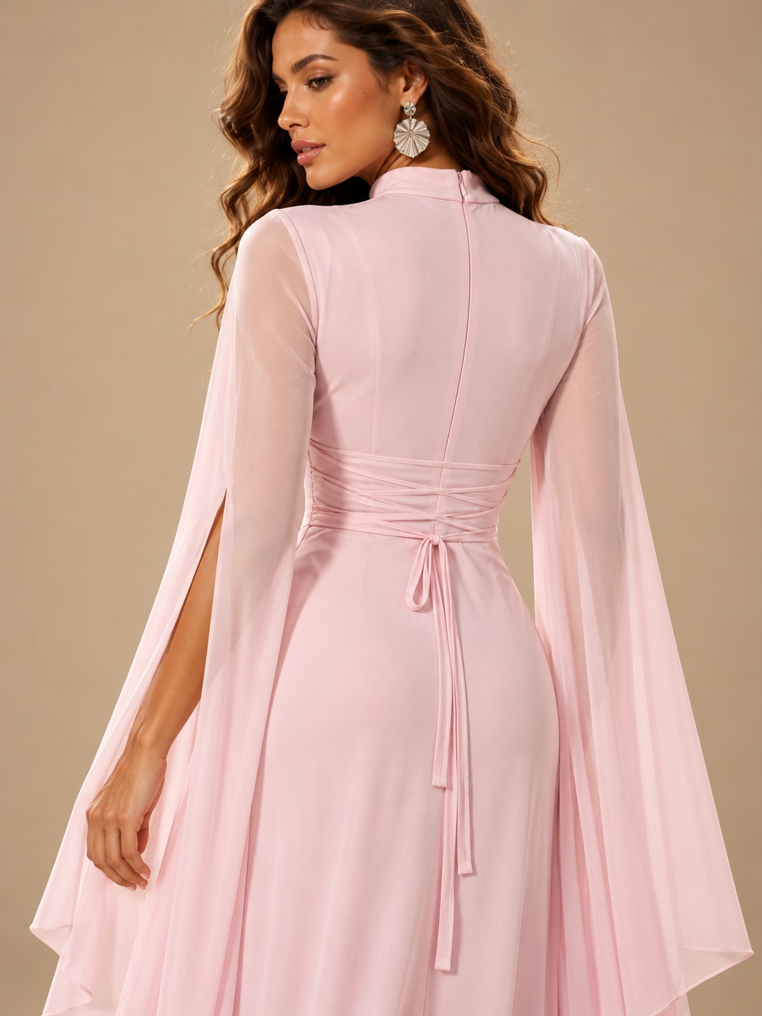 Pink Cape Sleeve Cutout Maxi Dress for Formal Parties